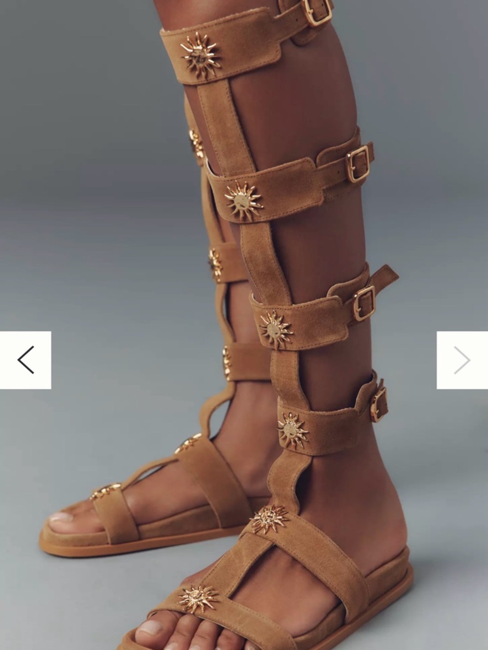 ALOHAS Tan Suede Gladiator Sandals with Gold Sunburst Hardware - NWOT